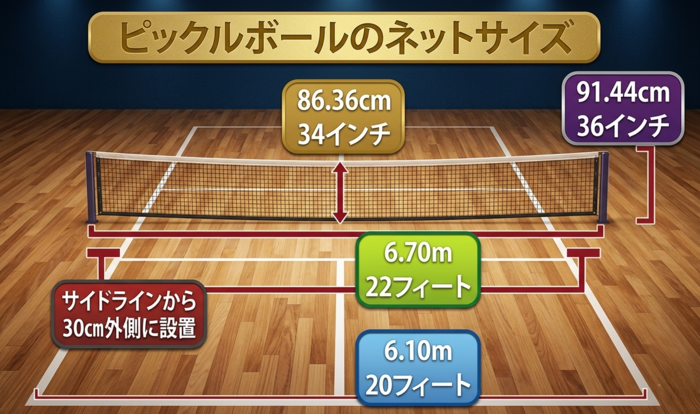ピックルボールネットのコートに対するサイズ図